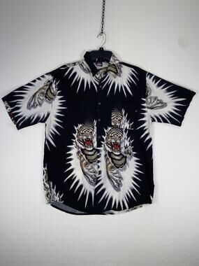 Arpino Shirt Mens Medium Black Tiger Graphic Short Sleeve Button Up Casual
